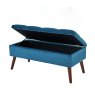 Sapphire Blue Velvet Buttoned Storage Bench Footstool angled image of the bench with lid open on a white background