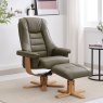 Sardinia Olive Green Leather Chair And Stool Set angled lifestyle image of the chair and stool