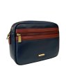 Nova Leathers Navy Tan Camera Bag Angled View