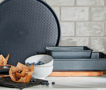 Denby Bakeware lifestyle picture with baking pieces changed to Quantanium / Speckled finish